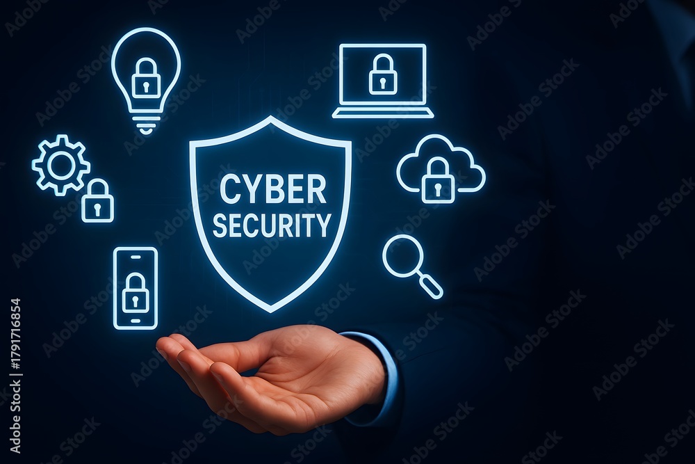 Fototapeta premium Cyber security protection concept with shield and secure technology icons