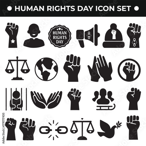 Human Rights Day silhouette vector set featuring people raising hands, peace signs, and unity concepts