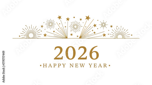 Elegant Golden Happy New Year 2026 Design with Festive Stars and Sparkling Sunbursts for Seasonal Celebrations