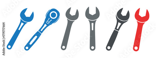 Collection of diverse wrench tools. Spanner set. Hardware and workshop equipment