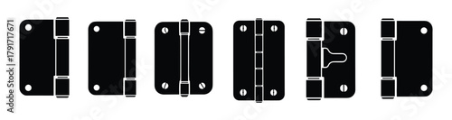 Collection of door hinges icons. Isolated on a white background. Top, front, and open views of door hardware elements.