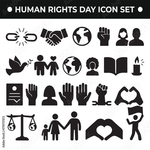 Human Rights Day silhouette vector set featuring people raising hands, peace signs, and unity concepts