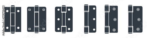 Collection of various door hinge icons, metal hardware, steel fittings, construction element.