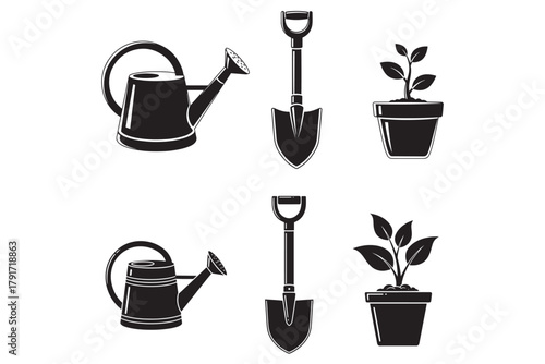 Gardening tools and young plants in pots, isolated silhouette icons. isolated on transparent background, Vector