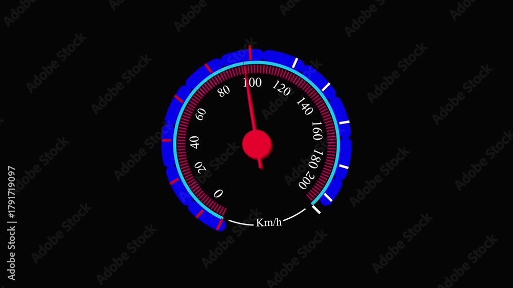 Speedometer with red needle at 0 to 200 km against a animation black ...