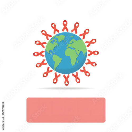 A vector illustration of planet Earth surrounded by red ribbons, symbolizing global awareness and support for the fight against HIV and AIDS