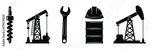 Drill bit, pump jack, wrench, helmet, and barrel silhoue ttes for fossil fuel extraction