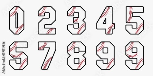 Baseball uniform number icon set, numbers 1 to 9, clipart style, isolated on white background, sports team jersey design illustration.