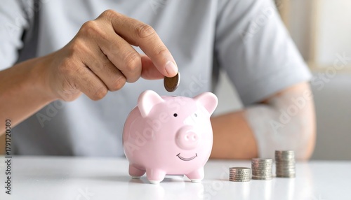 Fototapeta Naklejka Na Ścianę i Meble -  A hand drops a coin into a pink piggy bank, with three stacks of coins beside it on a white table