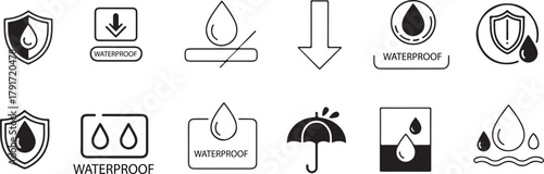 Waterproof Icon Set | Water Resistant, Hydrophobic Fabric, and Water Protection Symbols Vector