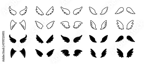 Wings icon set. Angel or bird wings symbol. Vector illustration.