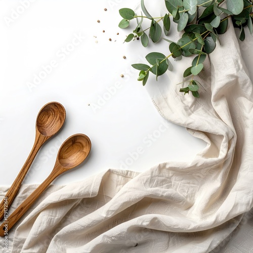 Wooden spoons with fabric and greenery