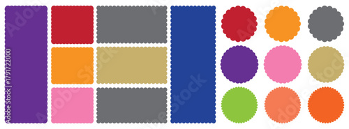 Geometric shapes with scallop and zigzag edges set.  Zig zag edge circle, square, rectangle, round shape collection. Isolated elements for design of text box, badge, banner. 