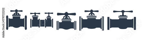 Industrial pipeline gate valves. Different types of faucet regulators silhouette icons set.