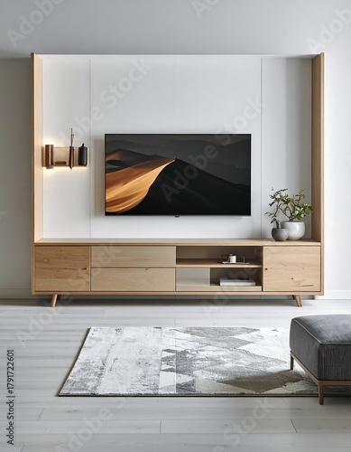 A modern living space with a wooden entertainment unit and large TV, showcasing a landscape. A rug and armchair are placed nearby