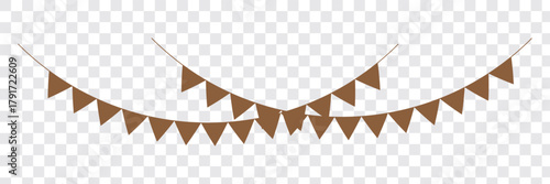 Colorful Party Flags With Confetti And Ribbons Falling On Transparent Background. Celebration Event & Happy Birthday. Multicolored. Vector illustration Gold and Violet color. EPS 10.