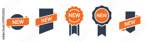 New ribbon tag label badge set. Collection of announcement or promotional icons