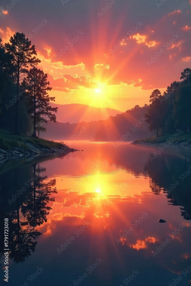 Obraz premium Serene sunrise over a tranquil lake, reflecting the spiritual connection between nature and the divine Perfect for meditation, peace, and faith-based projects , clouds, dawn