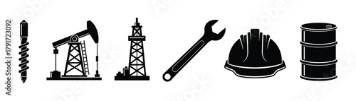 Oil industry tools and equipment. Drill, pump, wrench, and hard hat icon set.