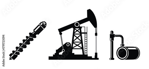Oil industry elements including pumpjack, drill bit, and pipeline. Energy resources.