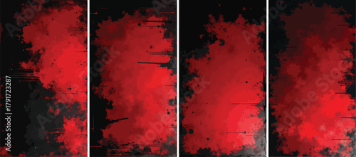 Set of abstract grunge texture background in blood red and black, featuring explosive ink splatters, distressed edges, and smoky haze effects — vector panel collection