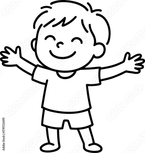 Joyful cartoon boy with arms wide open in happy greeting