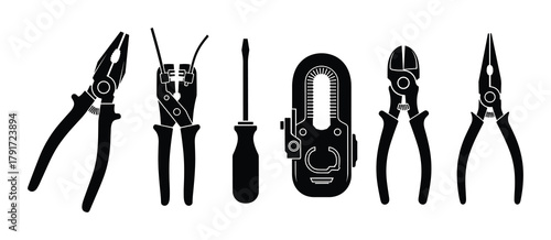 Pliers, wire stripper, screwdriver, and crimper. Electrician tools for various tasks