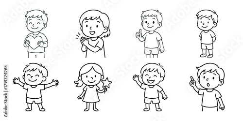 Collection of cheerful cartoon children poses and expressions