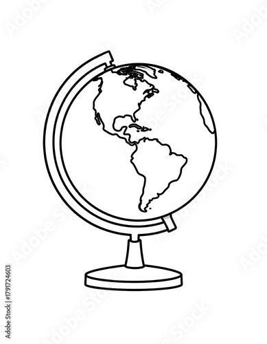 A simple, black and white line drawing of a globe showing the Americas on a stand