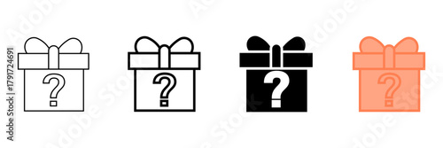 Set of minimalist mystery gift box icons with transparent background, depicting unknown prize symbols for games, promotions, rewards, and user interfaces, vector illustration