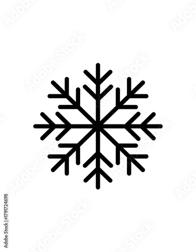 A simple black line drawing of a snowflake with symmetrical radial arms on a white background