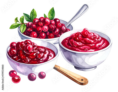 Three bowls of vibrant red berries and sauces, with leaves