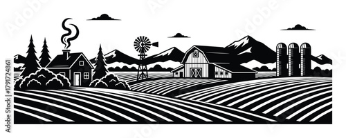 Rural farm landscape with barn fields house silos windmill design element