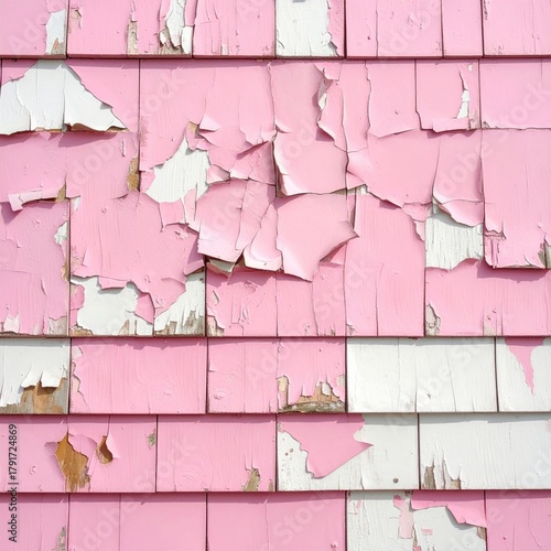 Pink chipped paint on wood shingles