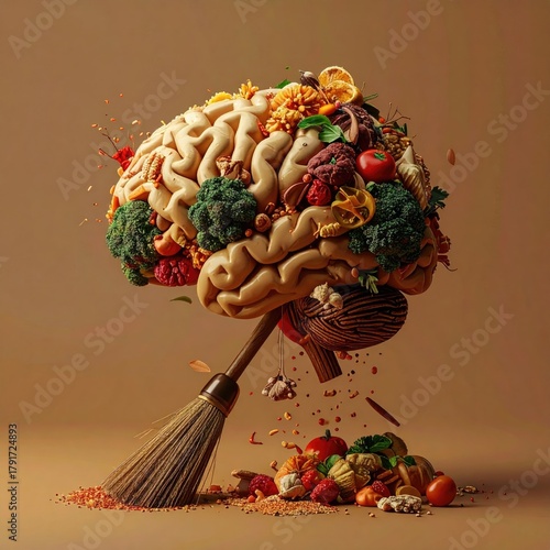 Brain made of food on top of a broom