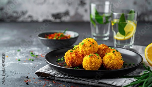 Fried golden food on dark plate