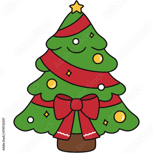 Cartoon Christmas Tree with Ribbon and Decorations