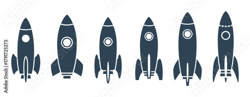 Set of black space rocket icons vector design. Spaceship and missile symbols for startup projects