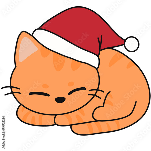 Cartoon Sleeping Orange Cat Wearing Santa Hat