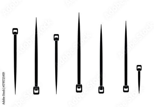 Set of black plastic cable ties. different sizes and shapes for various fastening needs.
