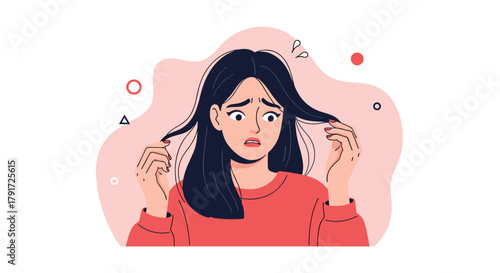 A young woman looking stressed and worried about her hair issues.