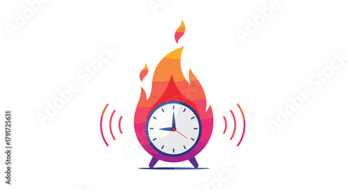 An alarm clock is on fire and ringing to wake people up.