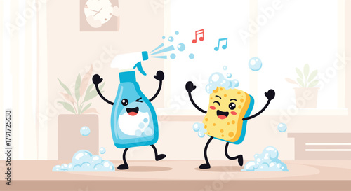 Cheerful cleaning supplies having fun during a busy day of chores.