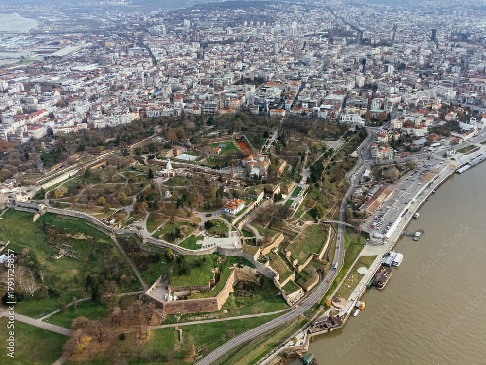 Fototapeta premium Aerial top view to Kalemegdan fortress at Belgrade. Summer photo from drone. Serbia.