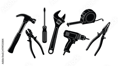 Set of construction tools for home improvement and handyman repairs isolated on white