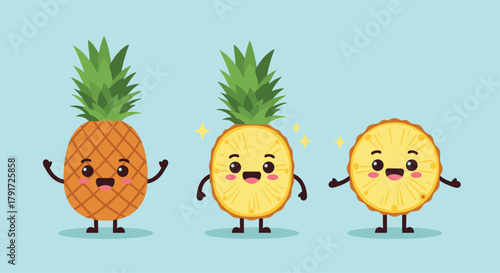 Three adorable cartoon pineapples one whole and two sliced with happy faces and outstretched arms.