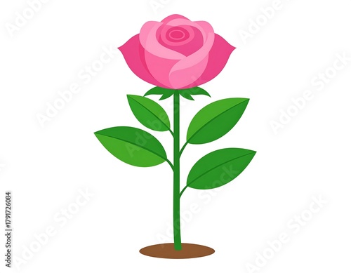 A simple illustration of a pink rose flower with green leaves and stem, set against a white background