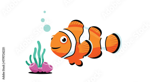 An adorable orange and white clownfish swims in a clear blue ocean next to a pink anemone and a few bubbles.