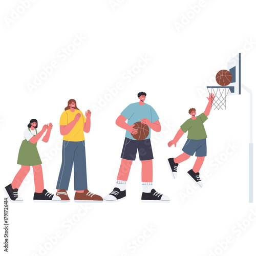 Healthy Families Illustration. Vector illustration of Family practices basketball at the hoop, cheering a shot and sharing energetic play on the court. Isolated on background
