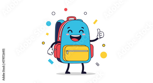 A cheerful cartoon backpack gives a thumbs up with confetti all around
